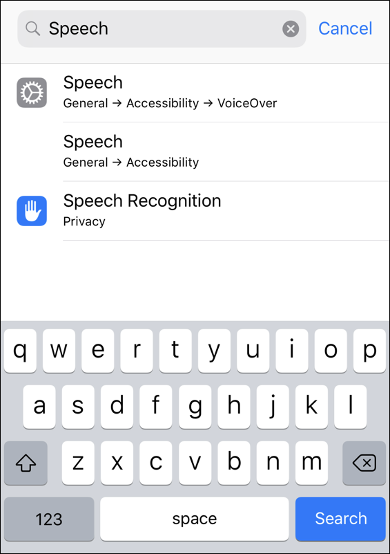 ios iphone settings search 'speech'