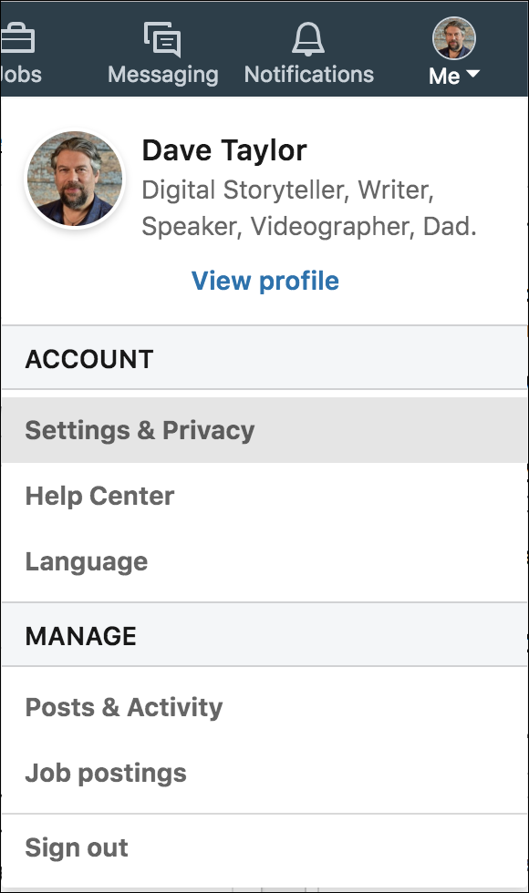 linkedin menu - settings & privacy