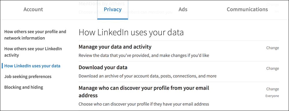 linkedin settings & privacy