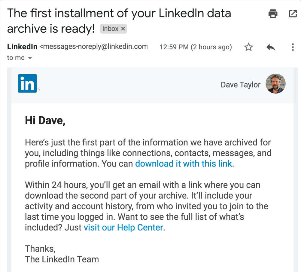 linkedin data backup profile account download ready email