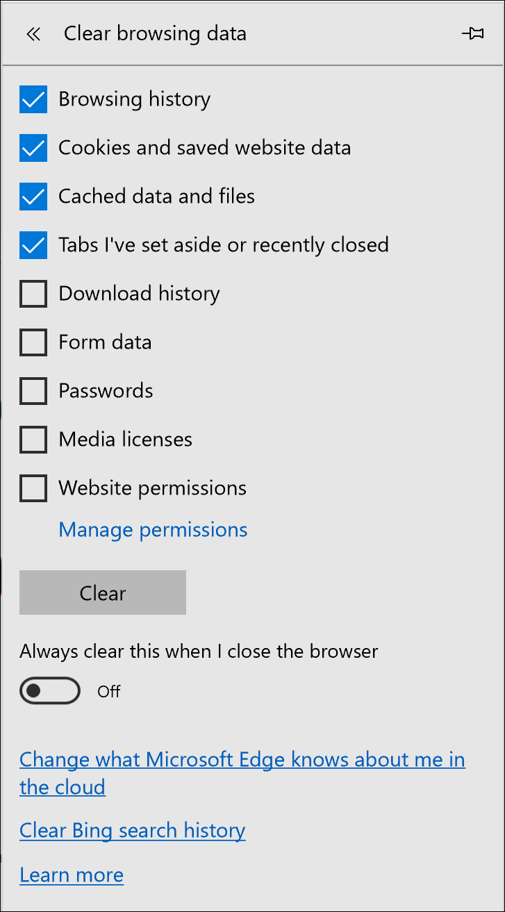 microsoft edge - clear history options