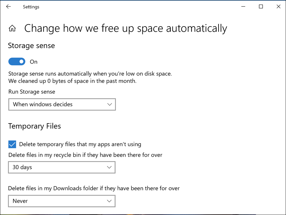 configure settings storage sense win10