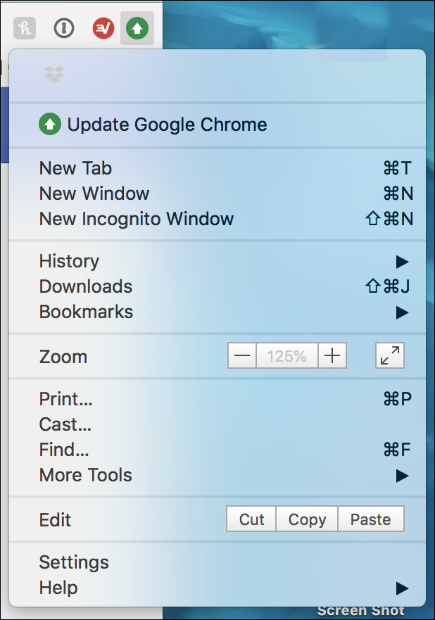 google chrome menu - update available