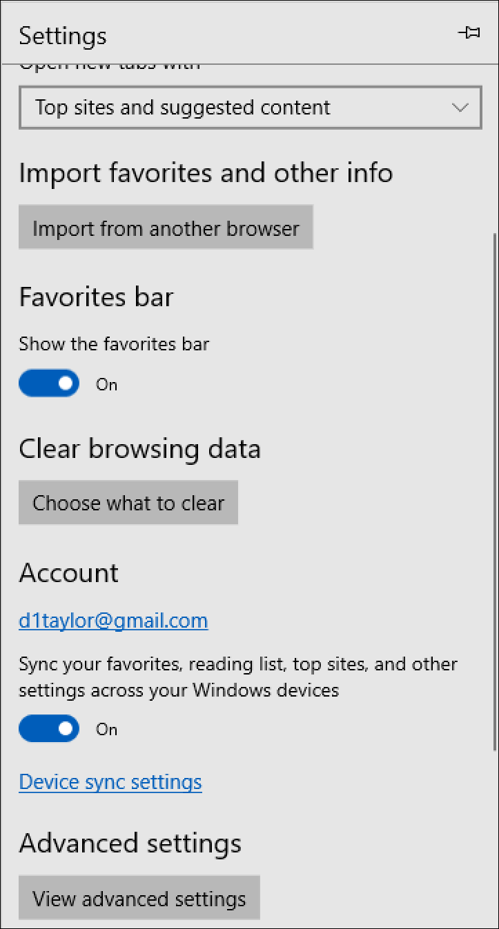 Main microsoft edge settings menu