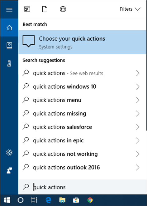 win10 cortana search 'quick actions'