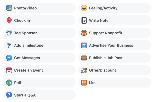 all the options, facebook business page status news feed update