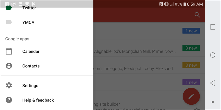 gmail for android - settings menu