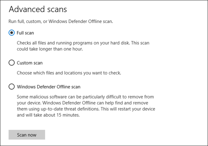 advanced scan options windows defender