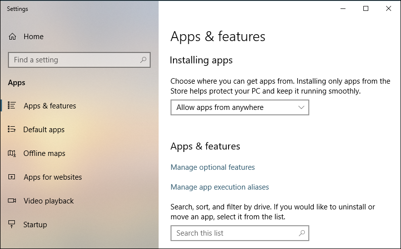 win10 apps & features system preference settings