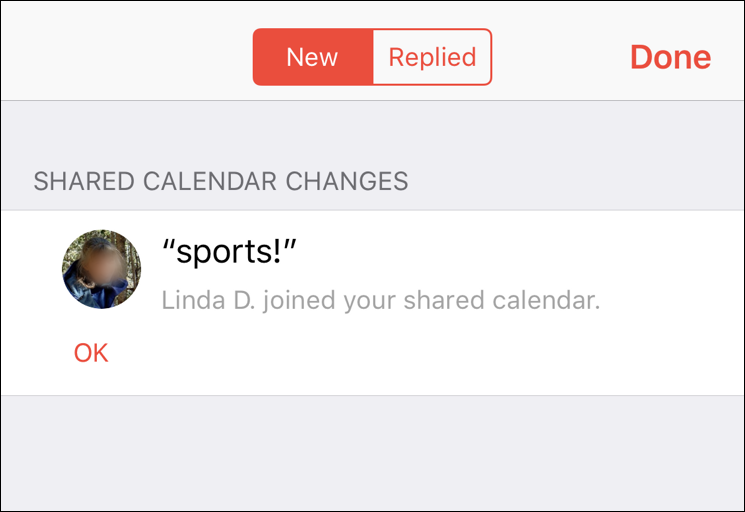 shared calendar accepted invitation notification iphone ios12