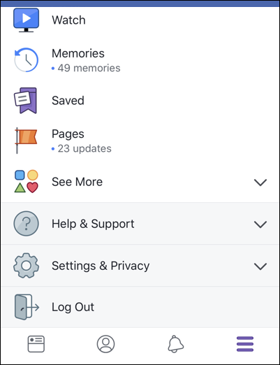 facebook app iphone main menu