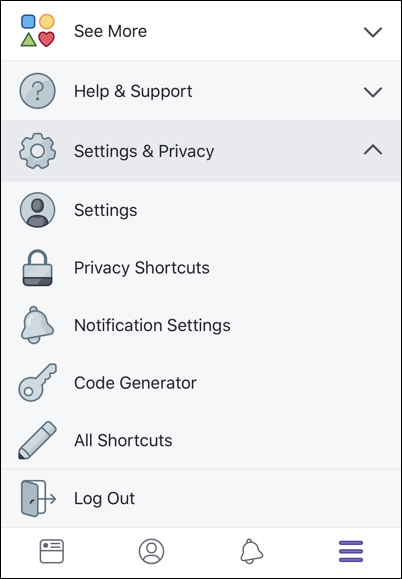 facebook fb settings and privacy menu expanding