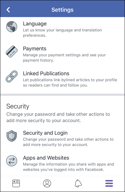 facebook settings > security