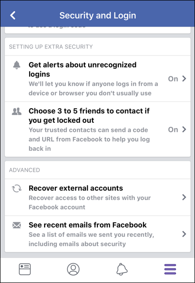 facebook app security > see recent emails from facebook