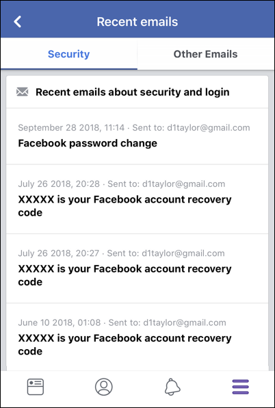 facebook recent email list iphone ios mobile app