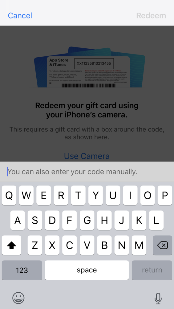 enter itunes app store redeem code manually