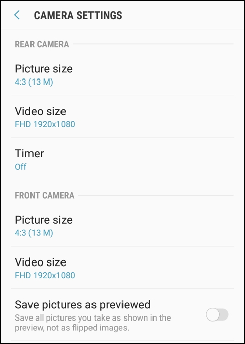 android camera settings preferences choices options