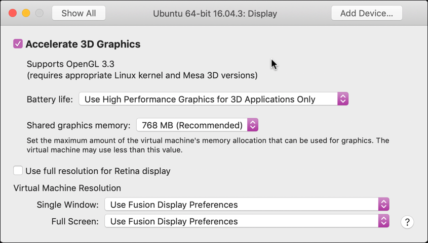 vmware fusion settings display graphics