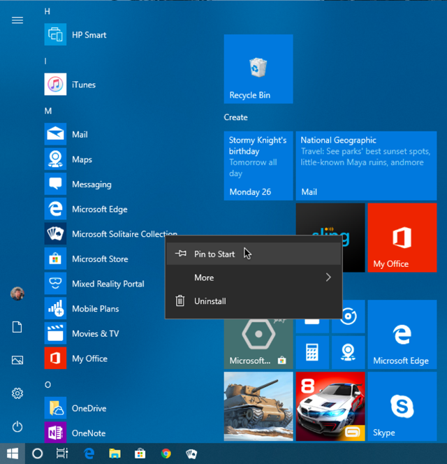 pin app program to start menu