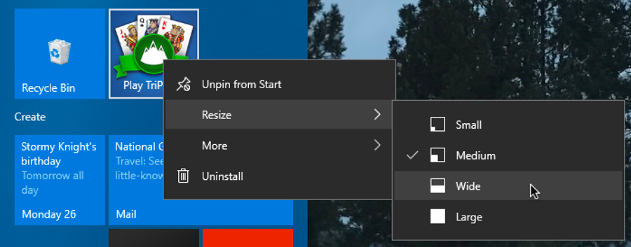 change start menu tile size windows 10