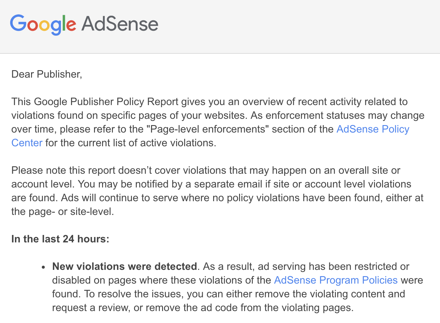 adsense policy violation email