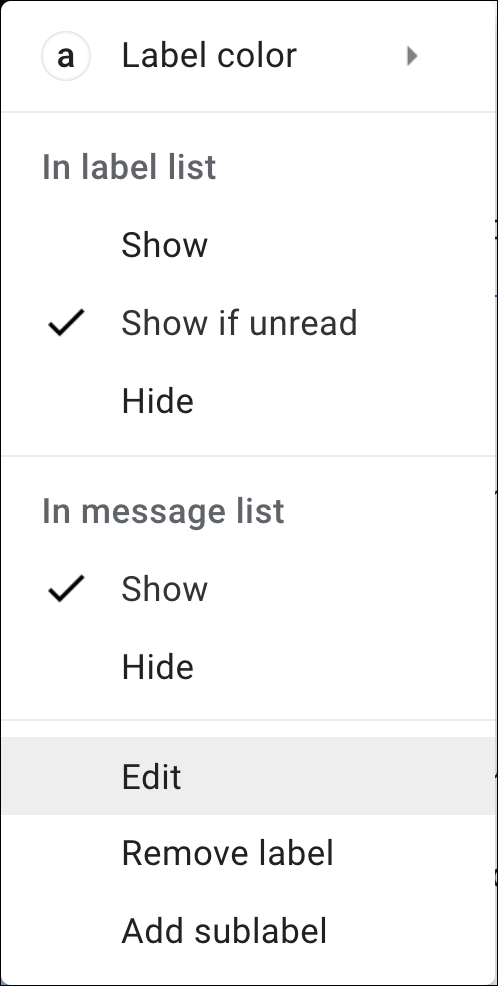 gmail label context menu