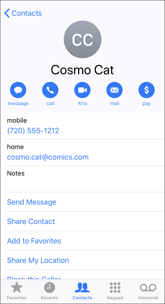 iphone ios cosmo cat basic phone contact info entry