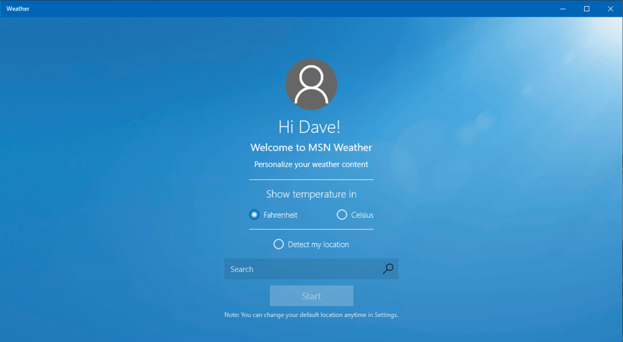 weather app, windows, no city set