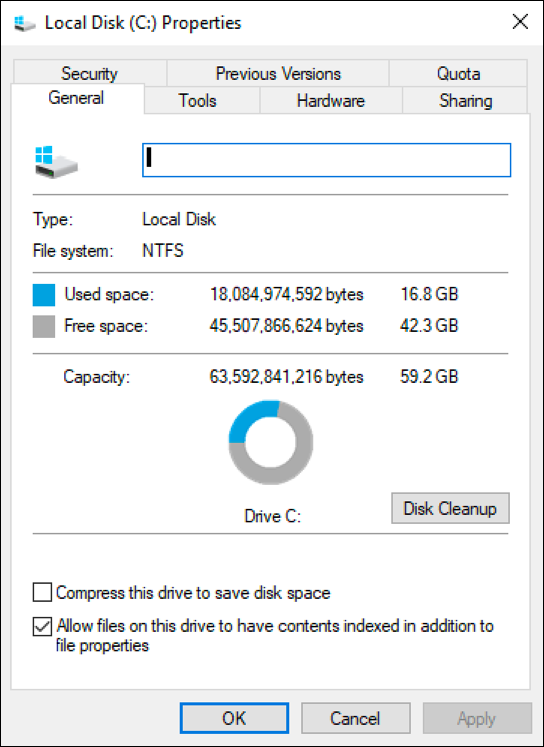 windows win10 hard drive properties space