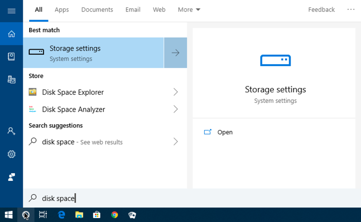 win10 start menu search: disk space