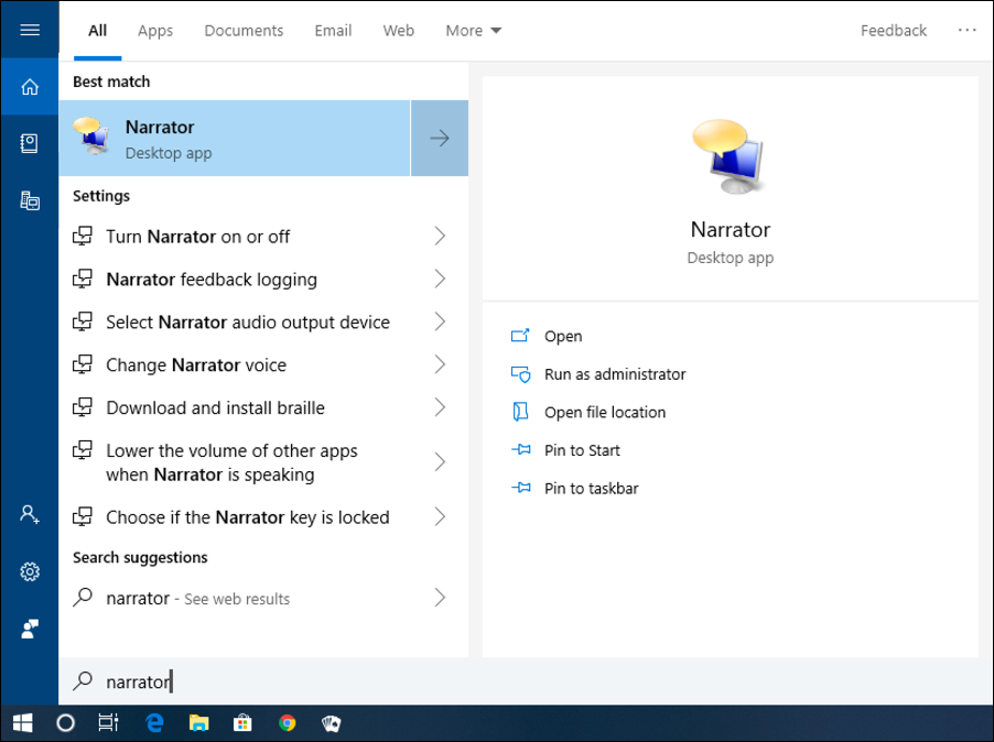 win10 windows cortana "narrator" search