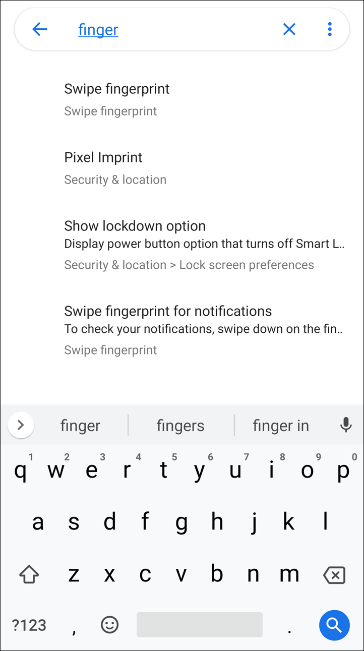 android pie - search for 'finger' in settings