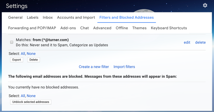 gmail settings - filter block email