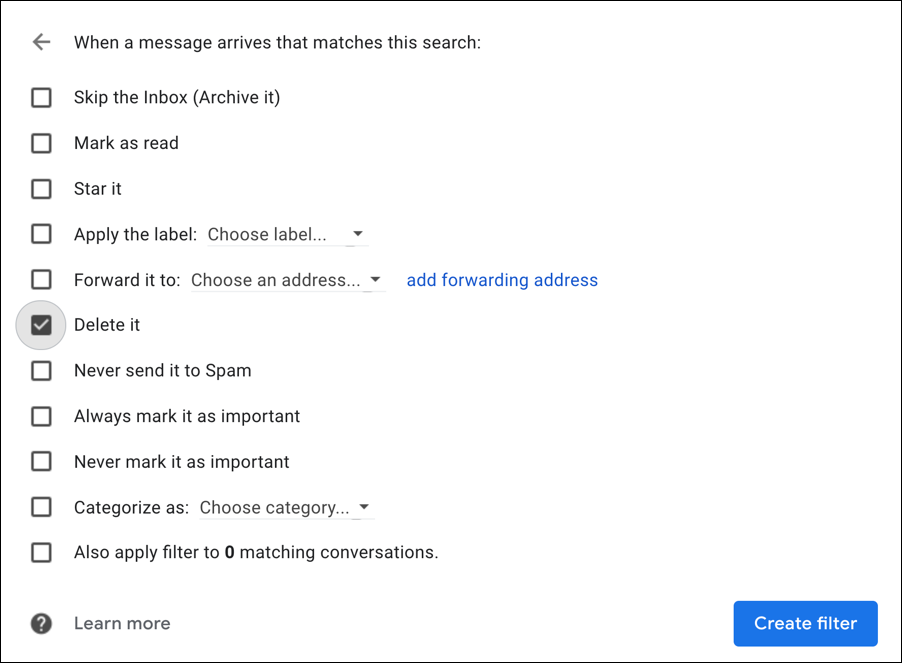 gmail filter- action screen