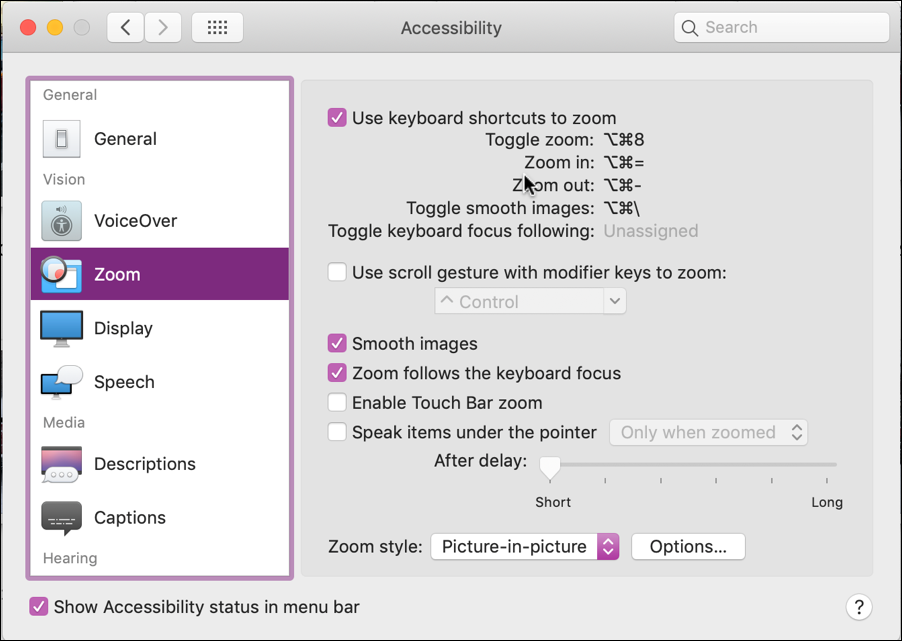 mac accessibility - zoom - use keyboard shortcuts 