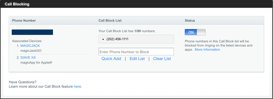 magicjack call blocking