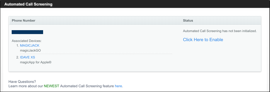 magicjack automated call screening