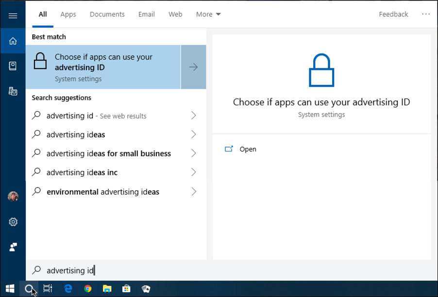 win10 start cortana search 'advertising id'