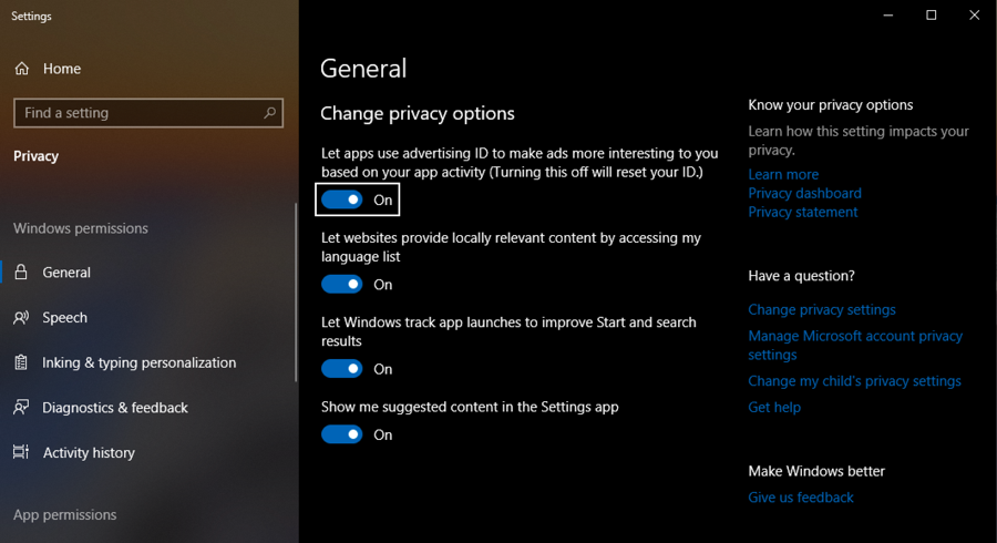 win10 settings - advertiser id