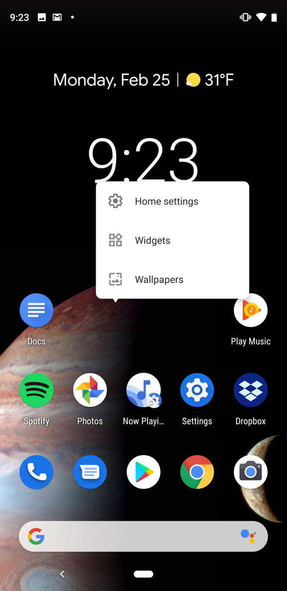 google pixel 3 - home screen settings widgets wallpaper menu