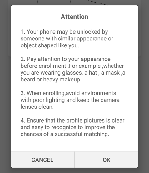 enroll face unlock android warnings