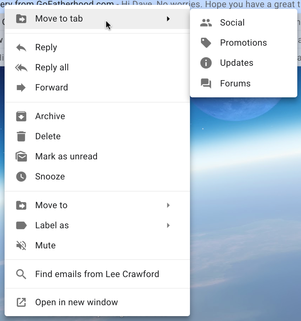 gmail right click context menu