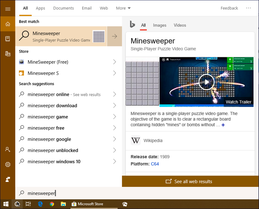 win10 cortana search: minesweeper