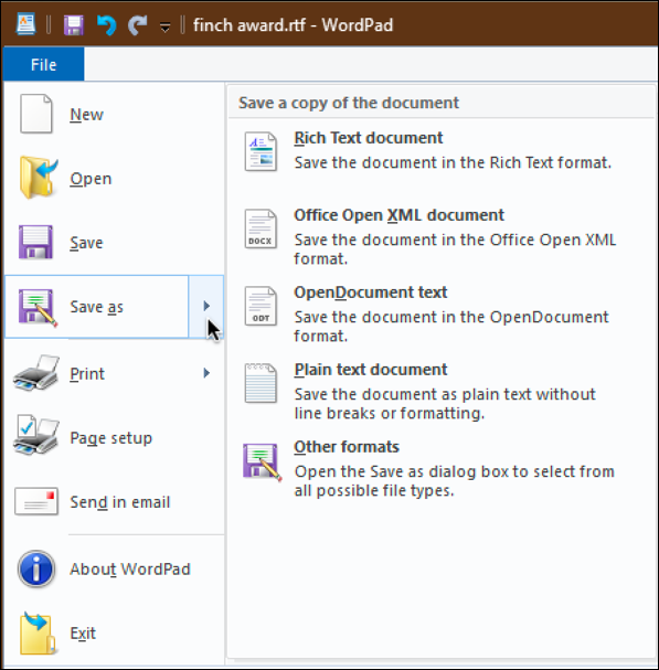 wordpad - file save as format options