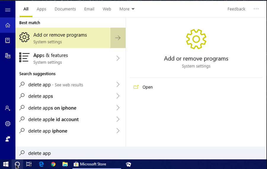 windows 10 start cortana search 'delete app'