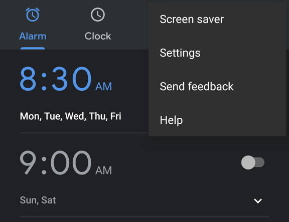android clock app menu - pixel 3