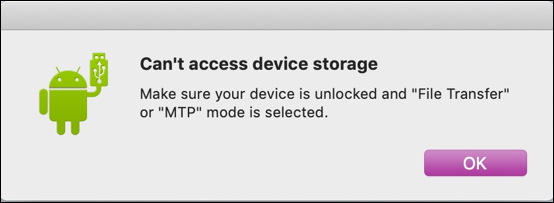 android file transfer: can't access device storage error