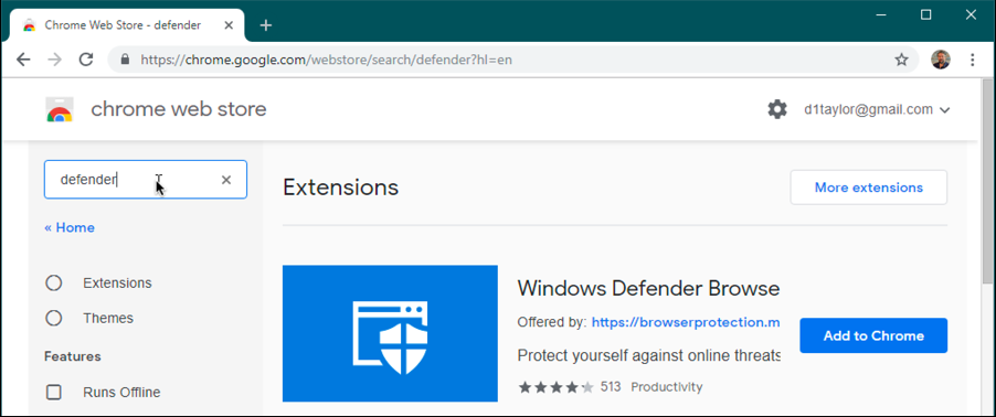 סיומת Windows Defender עבור Google Chrome - הפעל הורדת חנות אפליקציות