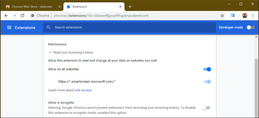 google chrome page with windows defender extension enabled