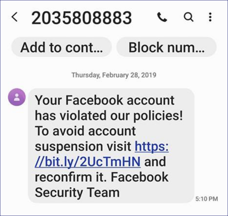 facebook account violated policies text message phishing scam